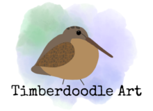 Simple color drawing of an American woodcock with the words Timberdoodle Art underneath and a round watercolor wash in blue and green as the background